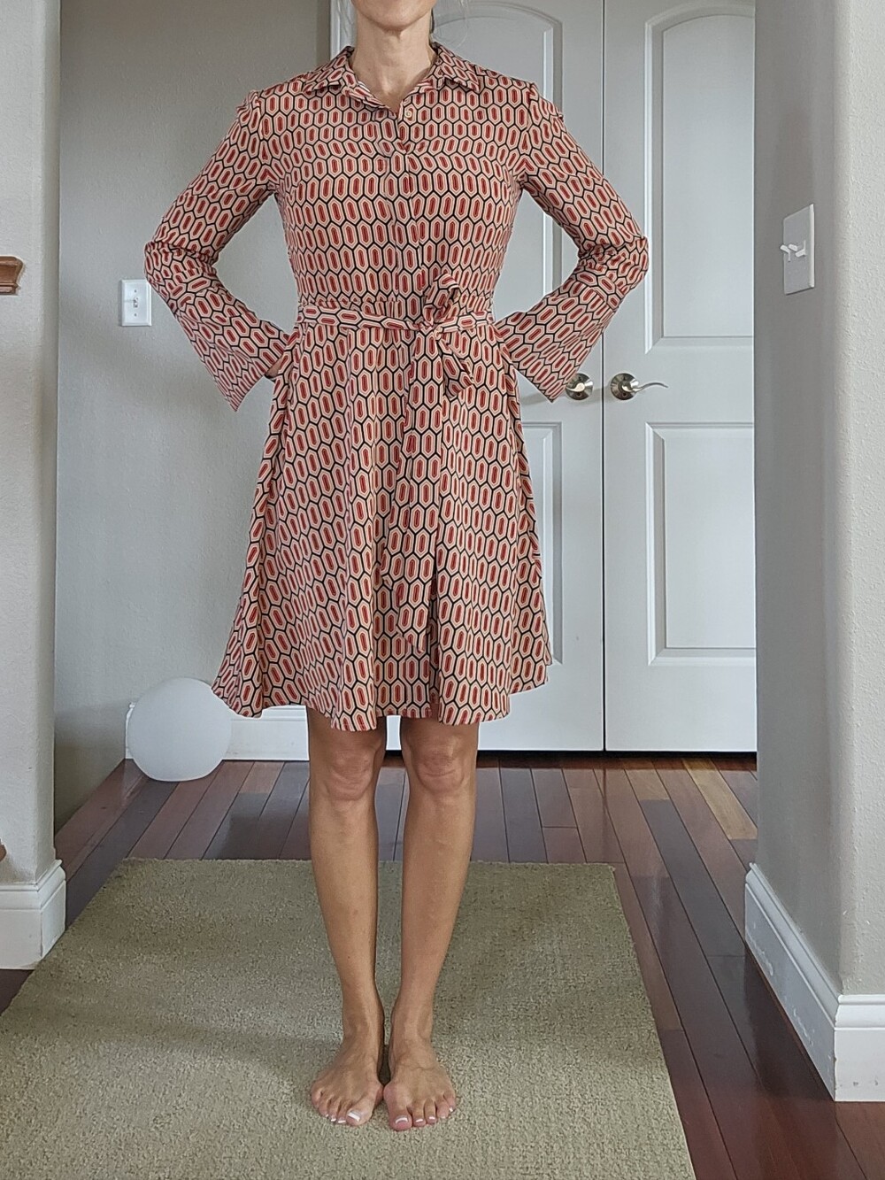 Banana Republic Coral and Beige Geometric Long-Sleeve Shirt Dress